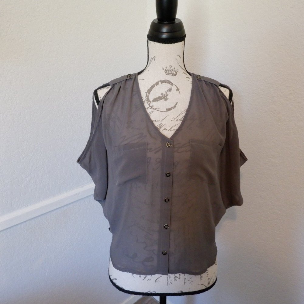 Sheer Gray Button-Down Off-The-Shoulder Blouse
